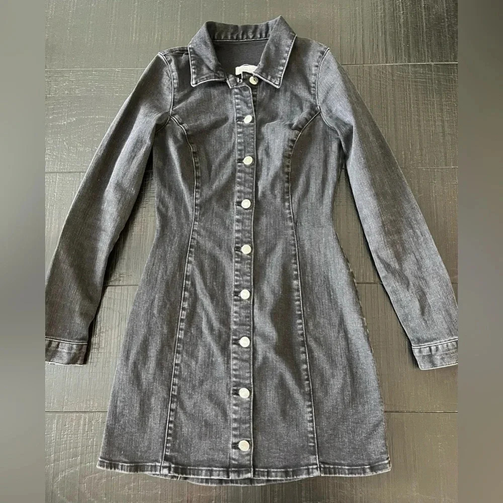 Zara Grey Washed Denim Long-Sleeve Button Dress